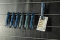 Seven plastic clothespins and a one hundred American dollar bill hang from a metal wire