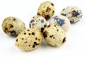 Seven quail eggs on white background