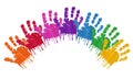 Seven rainbow hand prints