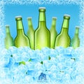 Seven realistic mock up green bottle of beer among ice cubes on blue background Royalty Free Stock Photo