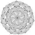 Seven-section mandala with days of the week, Meditative coloring page with day names and fantasy patterns