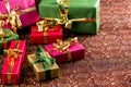 Seven Small Gifts on a Festive Blanket Royalty Free Stock Photo
