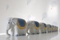 seven Soviet golden-blue porcelain elephants for good luck in the retro 50s style