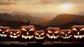 Seven spooky halloween pumpkin, Jack O Lantern, with an evil face and eyes on a wooden bench