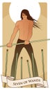 Seven of wands. Tarot cards. Long-haired young man, holding a wand fighting six lower sticks