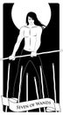 Seven of wands. Tarot cards. Long-haired young man, holding a wand fighting six lower sticks