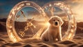 Seven week old golden retriever puppy outdoors on a sunset with mystical clock Royalty Free Stock Photo