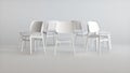 Seven White Chairs Arranged in a Circle Facing Out on a Gray Studio Background.