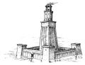 Seven Wonders of the Ancient World. Lighthouse of Alexandria. The great construction of the Greeks. Hand drawn engraved