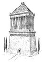 Seven Wonders of the Ancient World. Mausoleum at Halicarnassus The great construction of the Greeks. Hand drawn engraved Royalty Free Stock Photo