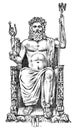 Seven Wonders of the Ancient World. Statue of Zeus at Olympia. The great construction of the Greeks. Hand drawn engraved