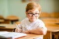 Seven years old child with glasses writing his homework at school. Boy studing at table on class background Royalty Free Stock Photo