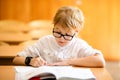 Seven years old child with glasses writing his homework at school. Boy studing at table on class background Royalty Free Stock Photo