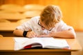 Seven years old child with glasses writing his homework at school. Boy studing at table on class background Royalty Free Stock Photo