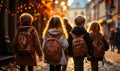Seven young children with backpacks. A group of children walking down a street Royalty Free Stock Photo