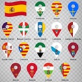 Seventeen flags of the Autonomous Community of Spain - alphabetical order with name. Set of 2d geolocation signs like flags lands