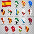 Seventeen flags of the Autonomous Community of Spain - alphabetical order with name. Set of 3d geolocation signs like flags lands