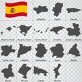 Seventeen Maps Autonomous communities of Spain - alphabetical order with name. Every single map of state are listed and isolated w