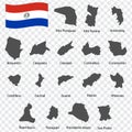 Seventeen Maps Departments of Paraguay - alphabetical order with name. Every single map of Regions are listed and isolated with w