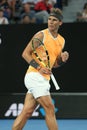 Seventeen times Grand Slam champion Rafael Nadal of Spain in action during his final match against Novak Djokovic at 2019 AO