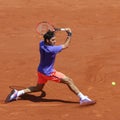 Seventeen times Grand Slam champion Roger Federer in action during his second round match at Roland Garros 2015