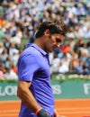 Seventeen times Grand Slam champion Roger Federer in action during his third round match at Roland Garros 2015 Royalty Free Stock Photo