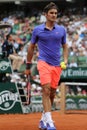 Seventeen times Grand Slam champion Roger Federer of Switzerland in action during his first round match at 2015 Roland Garros Royalty Free Stock Photo