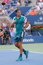 Seventeen times Grand Slam champion Roger Federer of Switzerland celebrates victory after first round US Open 2015