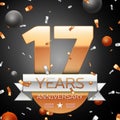 Seventeen years anniversary celebration background with silver ribbon confetti and circles. Anniversary ribbon. Vector
