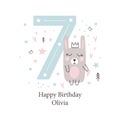 Seventh birthday greetings card with a cute rabbit. Kids party with animals. Vector