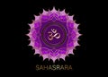 Seventh chakra Sahasrara logo template. Crown chakra symbol, Purple golden sacral sign meditation, yoga round mandala icon. Gold