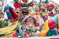 Seventies themed paper mache figurines with Warhol, Superman and Flower Power for the national festival Fallas in Valencia, Spain