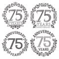 Seventy fifth anniversary emblems set. Patterned celebration signs in vintage style