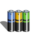 Several AA or AAA batteries of different colors on a white background with a long shadow