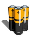 Several AA or AAA batteries with shadow close-up in perspective on a white background Royalty Free Stock Photo