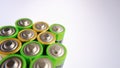 Several AA batteries close-up photo. Used Batteries , Waste, Collection And Recycling. Closeup of pile of alkaline batteries.