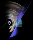 Several abstract parallel planes rotate on a black background. The planes are straight and wavy. Graphic design element.
