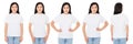 Several asian,korean women in white t-shirt isolated,china girl t shirt, front back views