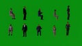 Several australian security men and women in formal wear on vacation on green screen talking and walking in multiview on backgrou