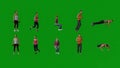 Several Australian sportsmen and women in sportswear on green screen exercising and walking in multiview on background in 4k qual