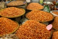 Several bags of dried shrimp for sale at Asian food market Royalty Free Stock Photo