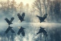 Several bald eagles soar through the sky over a scenic lake, showcasing their impressive wingspans and graceful flight, A flock of