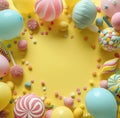 several balloons and candies are arranged in a circle on a yellow background