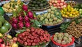 Several Baskets of exotic fruits and vegetables in Vietnam, Hanoi Royalty Free Stock Photo