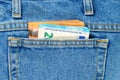 Several bills of fifty and twenty euros in the back pocket of jeans. Concept of absentminded person, potential victim of theft