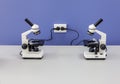 Several biological microscopes