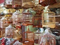 Several bird cages are offered for sale at the bird market at Yuen Po Street Bird Garden