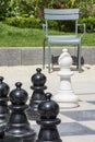 Several black chessmen and white bishop on the street chessboard with chair