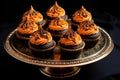 Several black and orange Halloween cupcakes on a golden plate