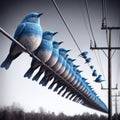 Several blue birds sitting on telegraph wire
